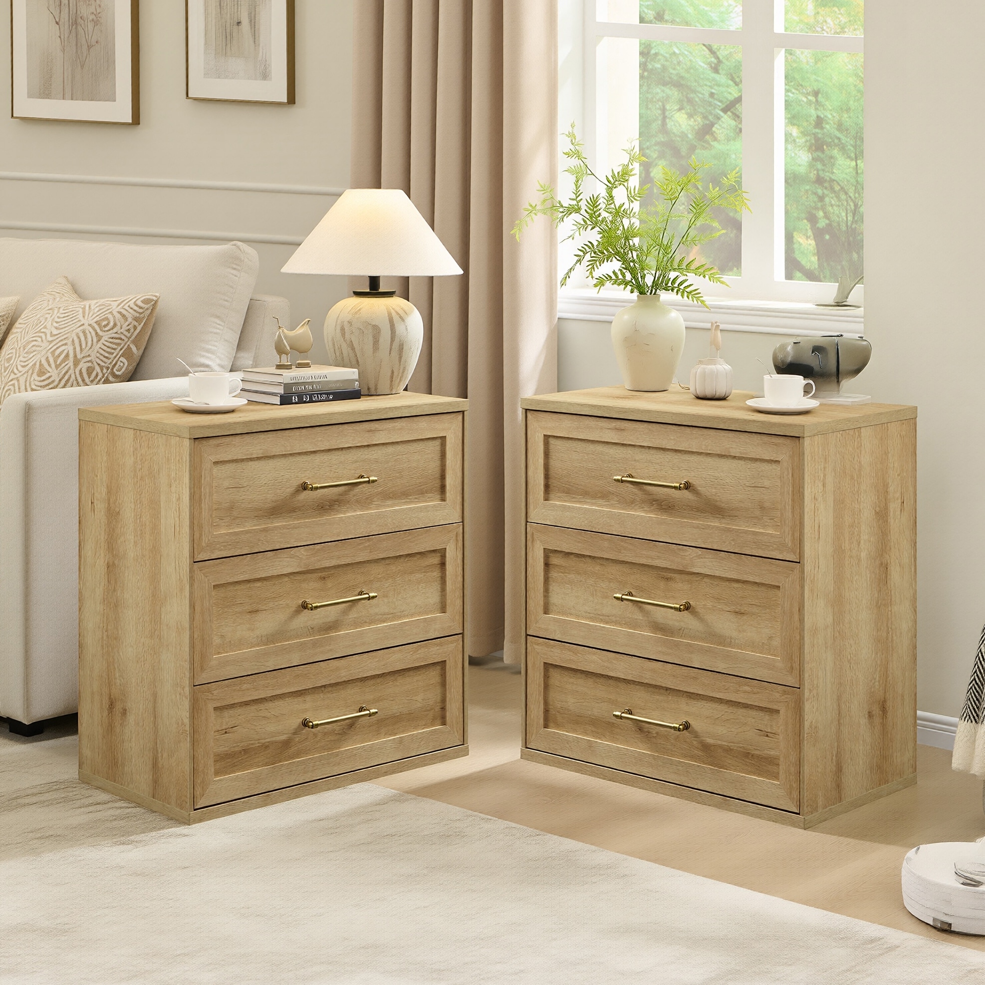 30" Modern Nightstand set of 2, 3 Drawers Wood End Table for Bedroom