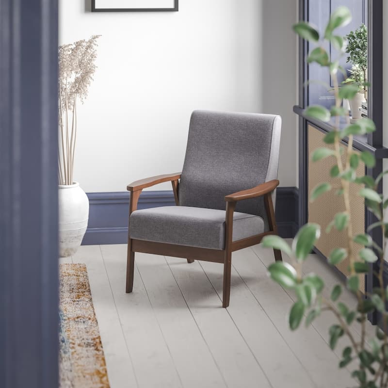 Mid-Century Modern Arm Chair with Wooden Frame and Arms - Dark Gray Faux Linen