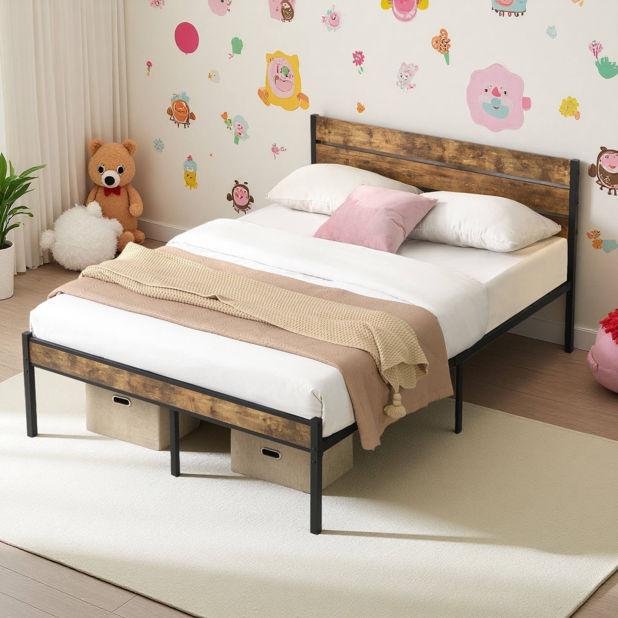 Metal Platform Bed Frame with Wood Headboard, and Under-Bed Storage