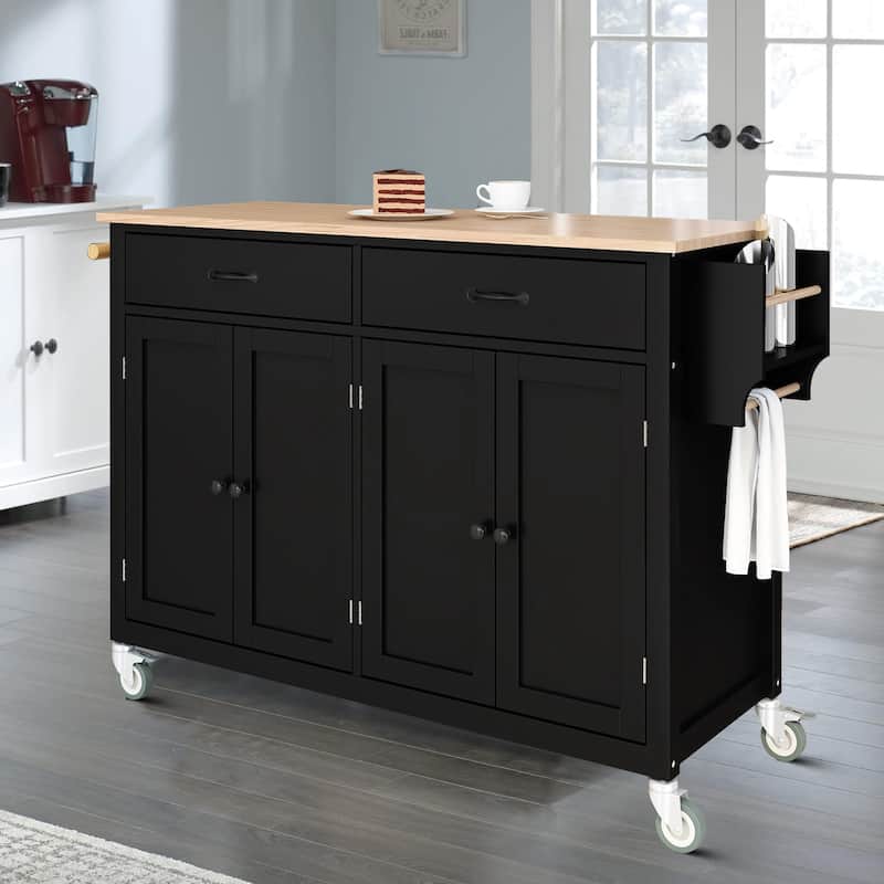 Classic Wooden Kitchen Island Cart with 2 Drawers, 2 Cabinets, a Towel Rack and a Spice Rack - Black