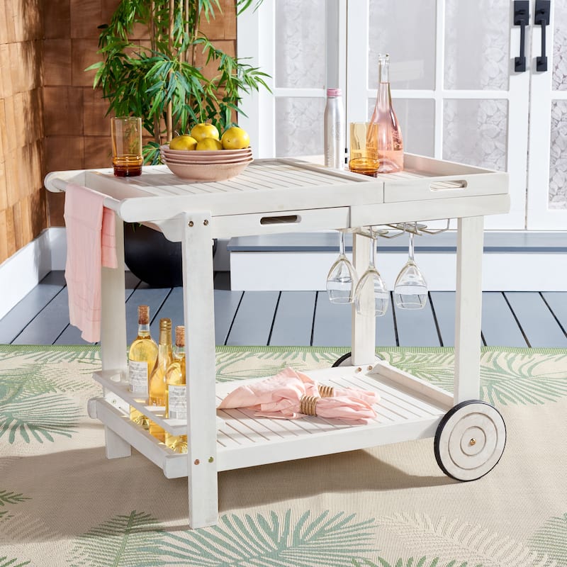 SAFAVIEH Outdoor Nallely Acacia Wood Tea Trolly - 24Wx39Dx30H