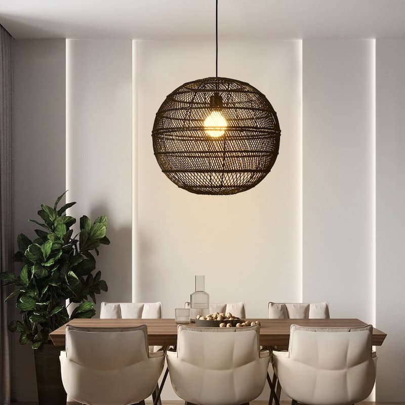 1-Light Globe Chandelier with Rattan Shade, No Bulbs Included