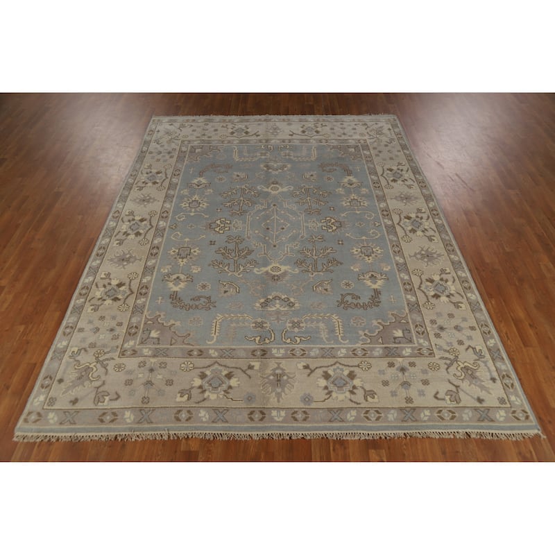 Light Blue Oushak Indian Area Rug Handmade Transitional Wool Carpet - 7'10" x 10'3"