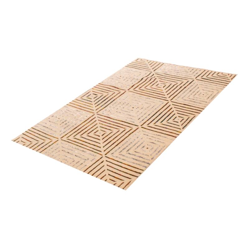 ECARPETGALLERY Hand-knotted Silk Shadow Cream Viscose, Wool Rug - 4' 9" x 7' 3"