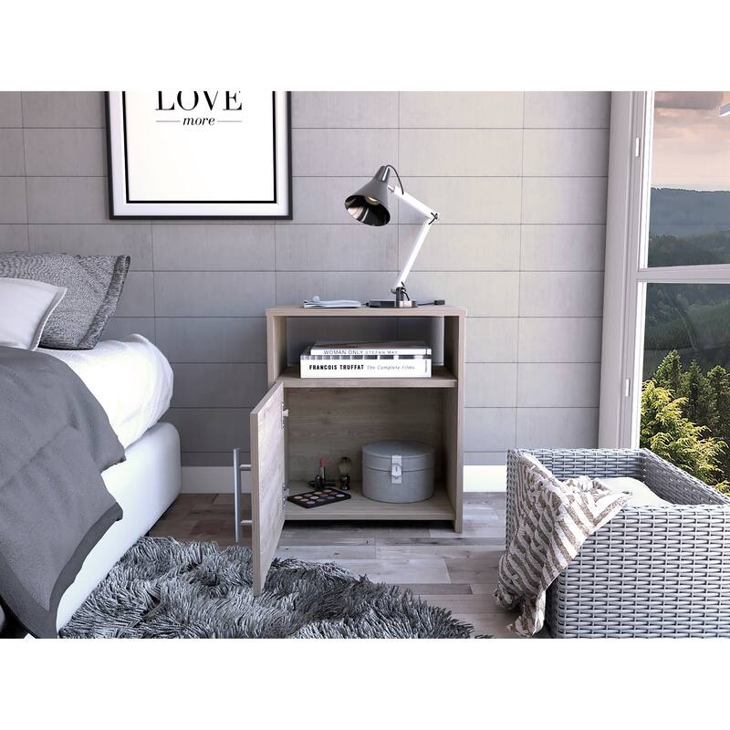 Modern Light Gray Nightstand with Single Door Cabinet and Metal Handle