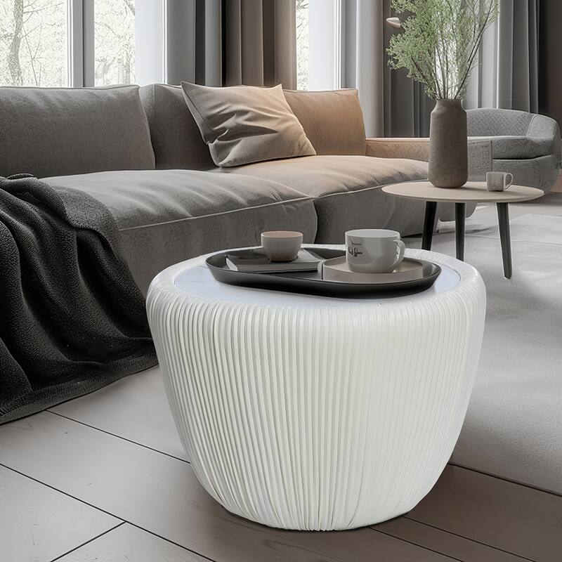 15.8" H Pleated Leather And Marble Tabletop Drum Round Side Table - White