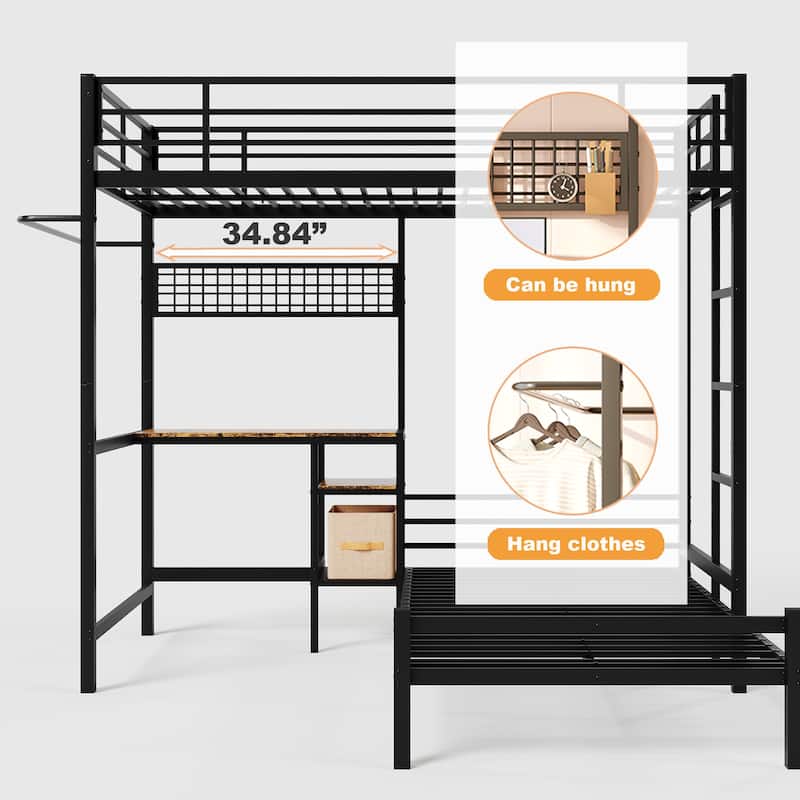 Twin Over Twin Metal Bunk Bed with Desk, L-Shaped Loft Design, Storage Shelves, Drawers, Guardrails and Ladder for Teens