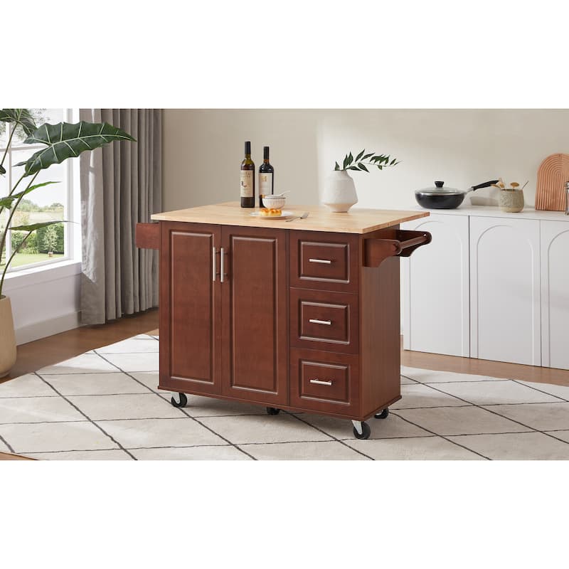 GDF Studio - Ashford Portable Wooden Kitchen Island Cart with Drop-Leaf Countertop & 3 Drawers