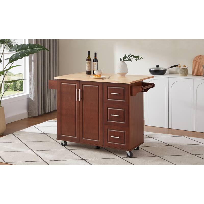 Portable Wooden Kitchen Island Cart Large Capacity with 3 Drawers, Folding Table Spice Rack and Towel Rack, for Small Spaces