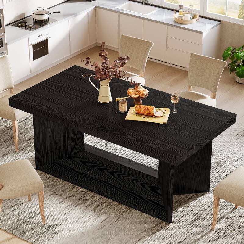 63-Inch Rustic Large Kitchen Dining Table, Rectangular Wooden Dinner Table for Home - Black