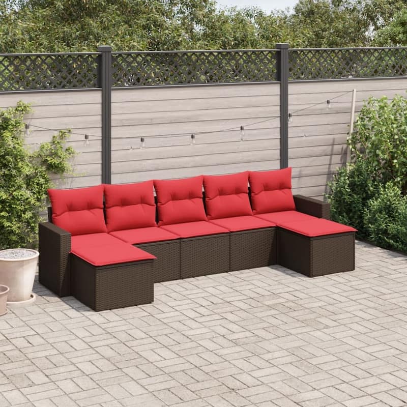 vidaXL Patio Sofa Set with Cushions Outdoor Conversation Furniture Poly Rattan - 25.8" x 24.4" x 27.2" - Brown and red without table