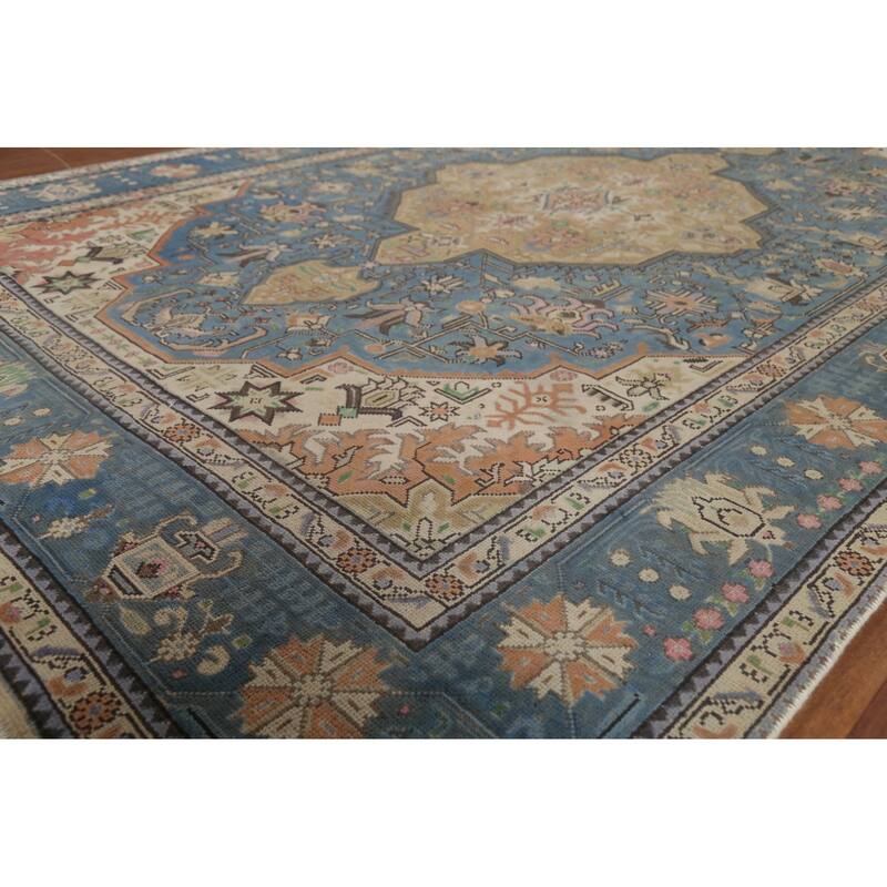 Geometric Blue Tabriz Persian Vintage Area Rug Handmade Wool Carpet - 6'6"x 9'8"