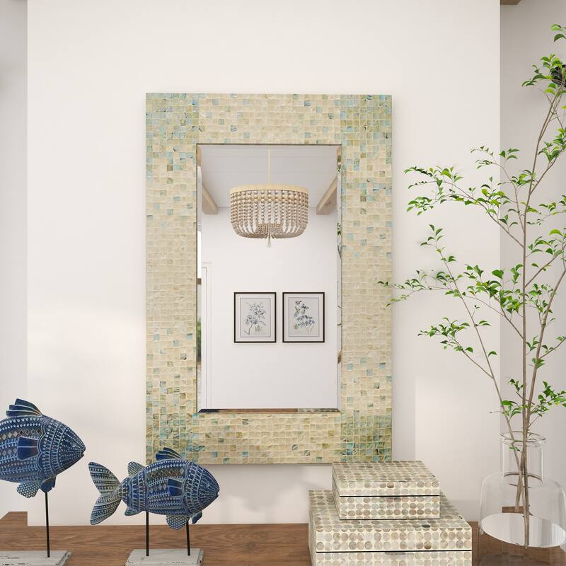 Cream Mother of Pearl Shell Handmade Mosaic Room Wall Mirror with Blue Corners