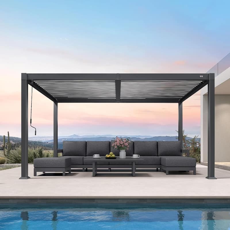 PURPLE LEAF Louvered Pergola Sun Shade Shelter with Adjustable Metal Roof for Patio Hardtop Pergola - 08' x 14' - Grey