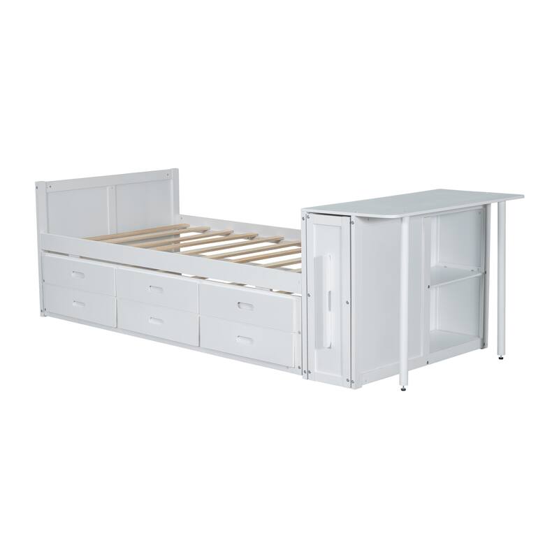 Twin Wood Platform Bed with Pull-Out Trundle, Built-in Desk, End Storage Shelf & 3 Drawers, for Kids or Teens