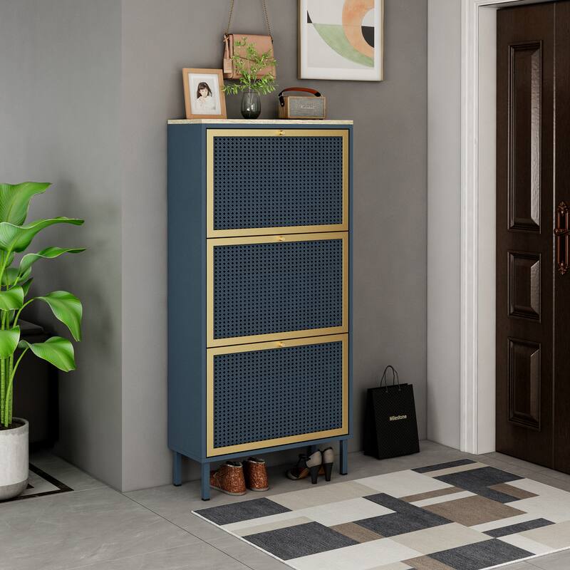 GDFStudio - Honeycomb Metal Rattan Modern Shoe Storage Cabinet with 3 Doors