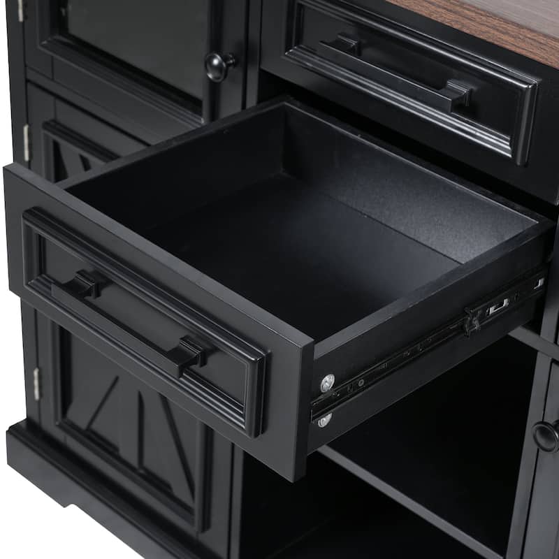 Kitchen Island with Drop Leaf, Power Outlet and 4 Door Shelves - Black