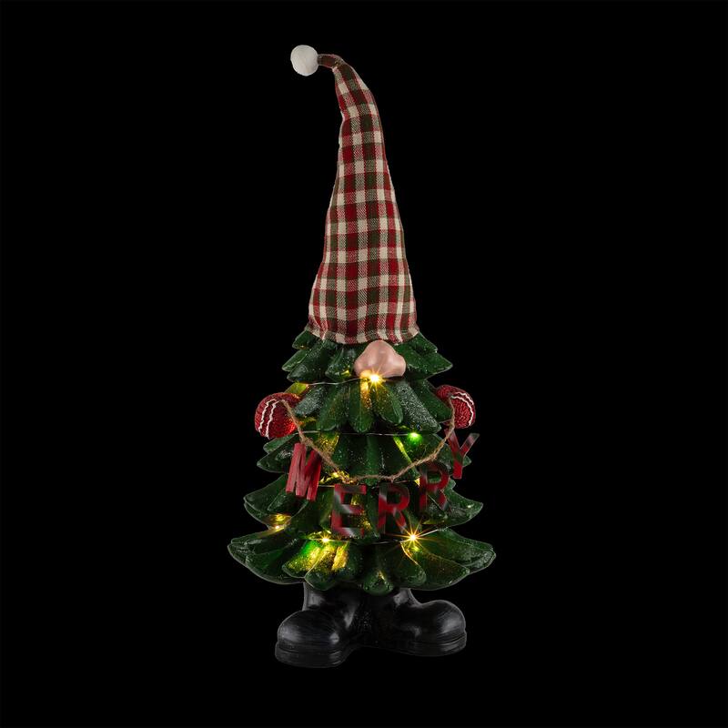 Alpine Corporation 28"H Polyresin Christmas Tree Gnome Decoration with Color Changing LED Lights