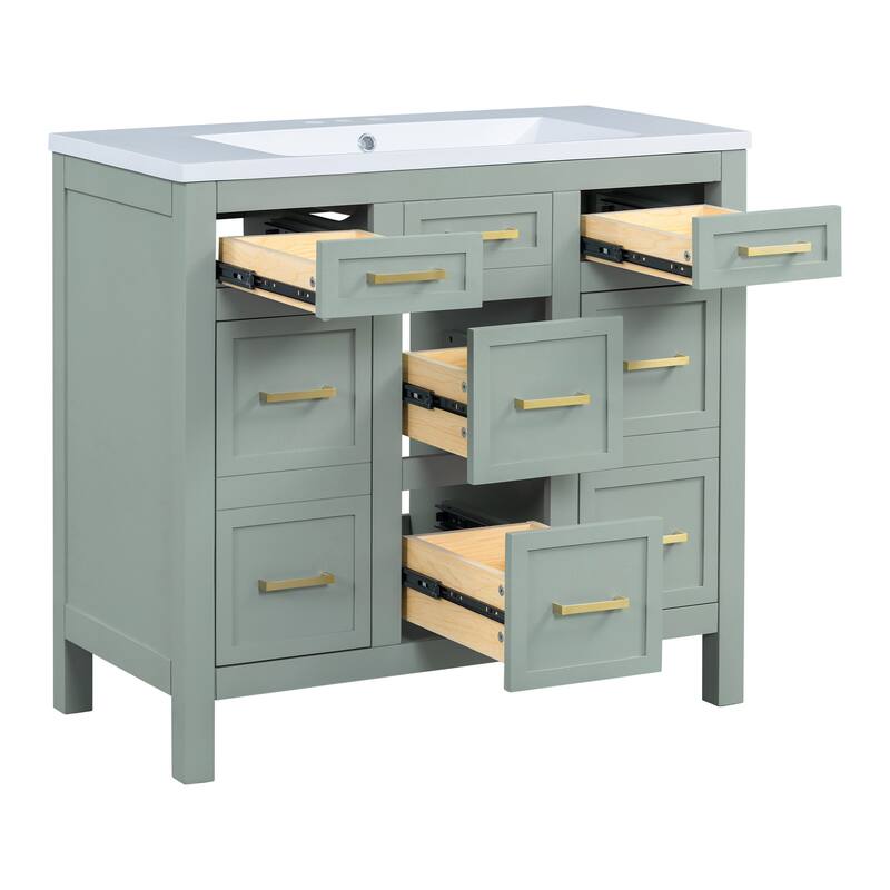 36" Bathroom Vanity Cabinet with Center Rectangular Resin Sink, 4 Drawers Bathroom Storage Cabinet w/ Adjustable Shelves, Green