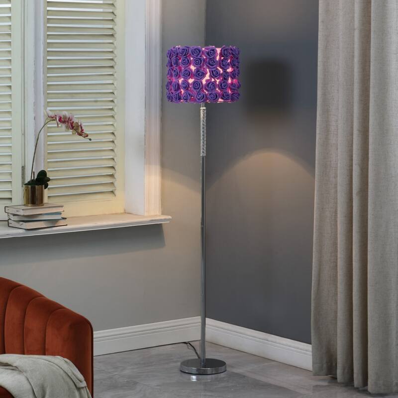 Silver Steel Novelty Floor Lamp with Rose Drum Shade and In Line Switch - 14” x 14” x 63” (D x W x H)