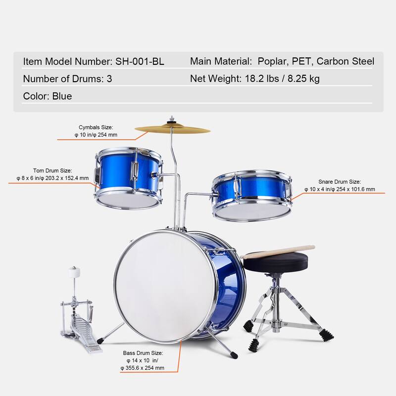 Kids Drum Set, 3-Piece, 14 in Beginner Drum Set with Adjustable Throne Cymbal Pedal Two Pairs of Drumsticks - 14 in