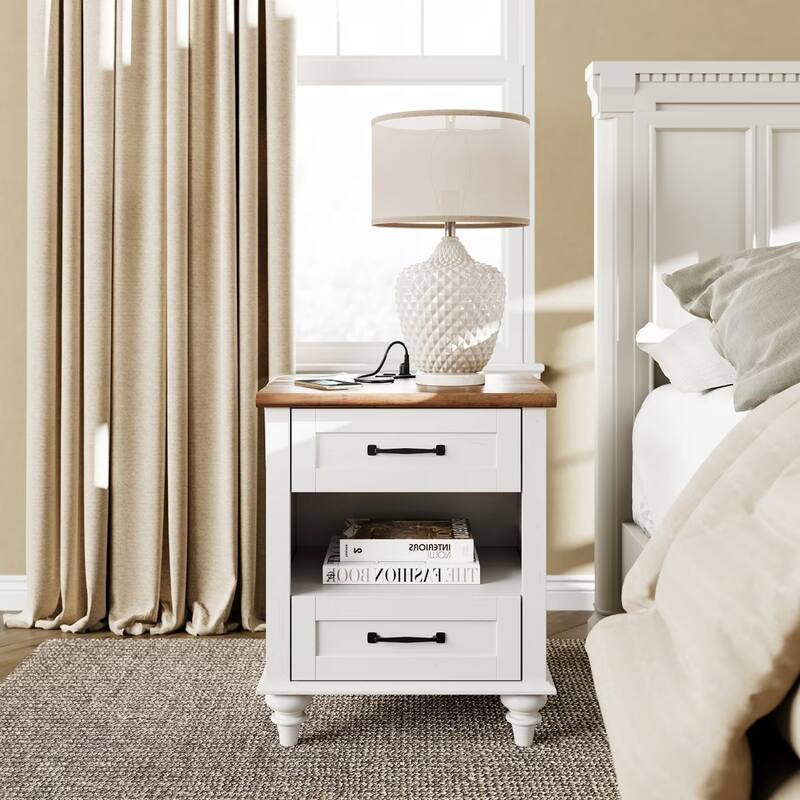 Farmhouse Nightstand Bedside Table, Wood 2-Drawer Side Table