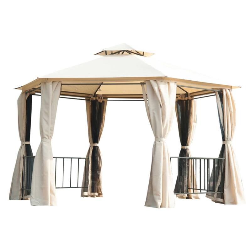 13 x13ft Beige Outdoor Double Roof Gazebo with Steel Frame and Sides Curtains for Family Gatherings - 12.8' L x 12.8' W x 9.2' H