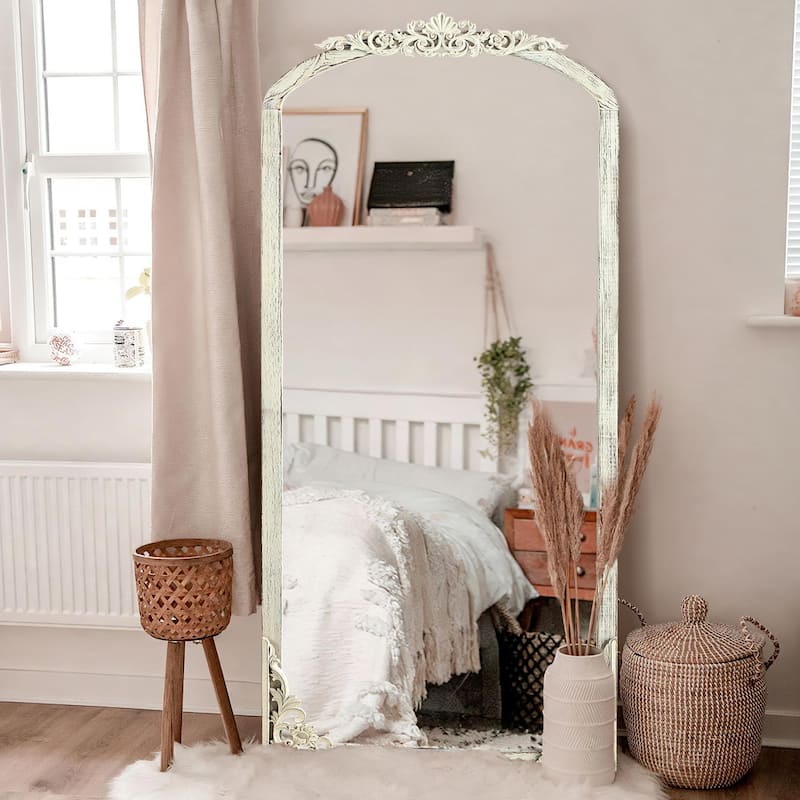 Arched Full-Length Solid Wood Carving Floor Mirror - 67x27 - Antique White