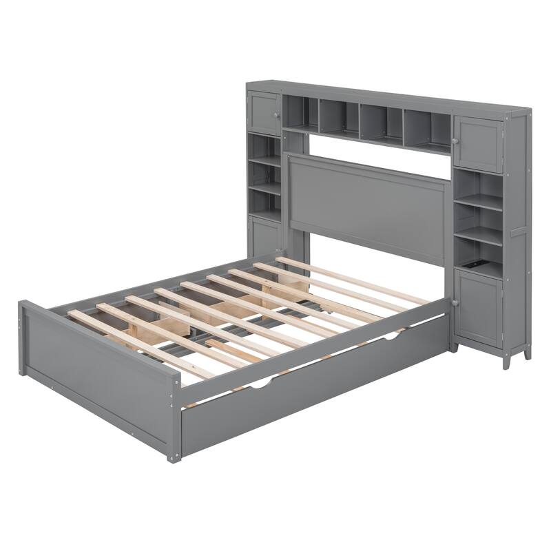 Wooden Bed With All-in-One Cabinet, Shelf and Sockets,Twin Size Trundle