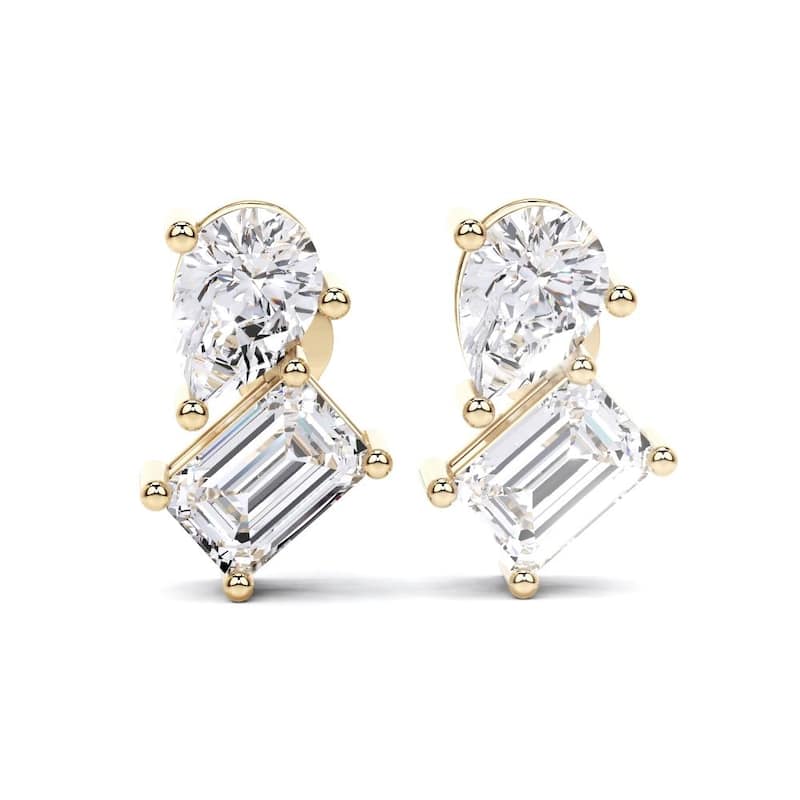 Auriya 14k Gold Pear-shaped and Emerald-cut Lab Grown Toi Et Moi Diamond Stud Earrings 2.55 ct. tw. Push-Back (F-G VS) - White - Yellow - 2.55ct. tw.