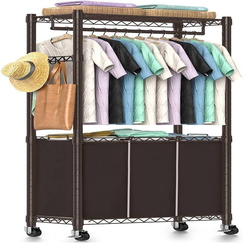 Laundry Sorter 3 Section with Hanging Bar - 14.2"D x 31.1"W x 72.8"H - 14.2"D x 31.1"W x 72.8"H - Espresso