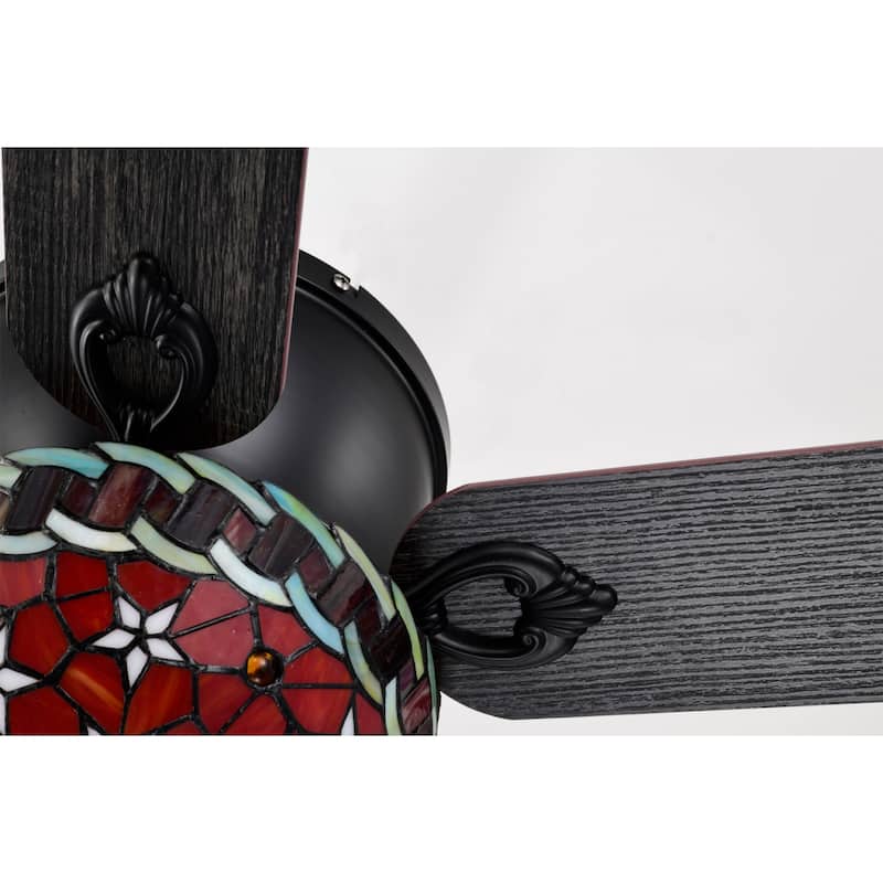 Chergo 52-Inch Flushmount Lighted Ceiling Fan Red Flower Tiffany Glass Lamp Black Finish