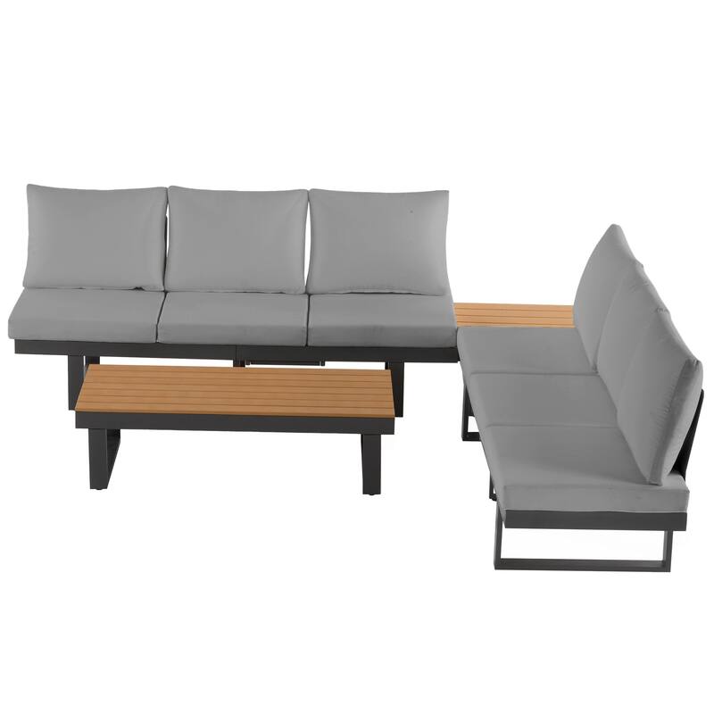 Outdoor Patio Conversation Sofa Set L-shape Sectional Sofa Set with Adjustable Reclining Seats, Coffee Table, Side Table