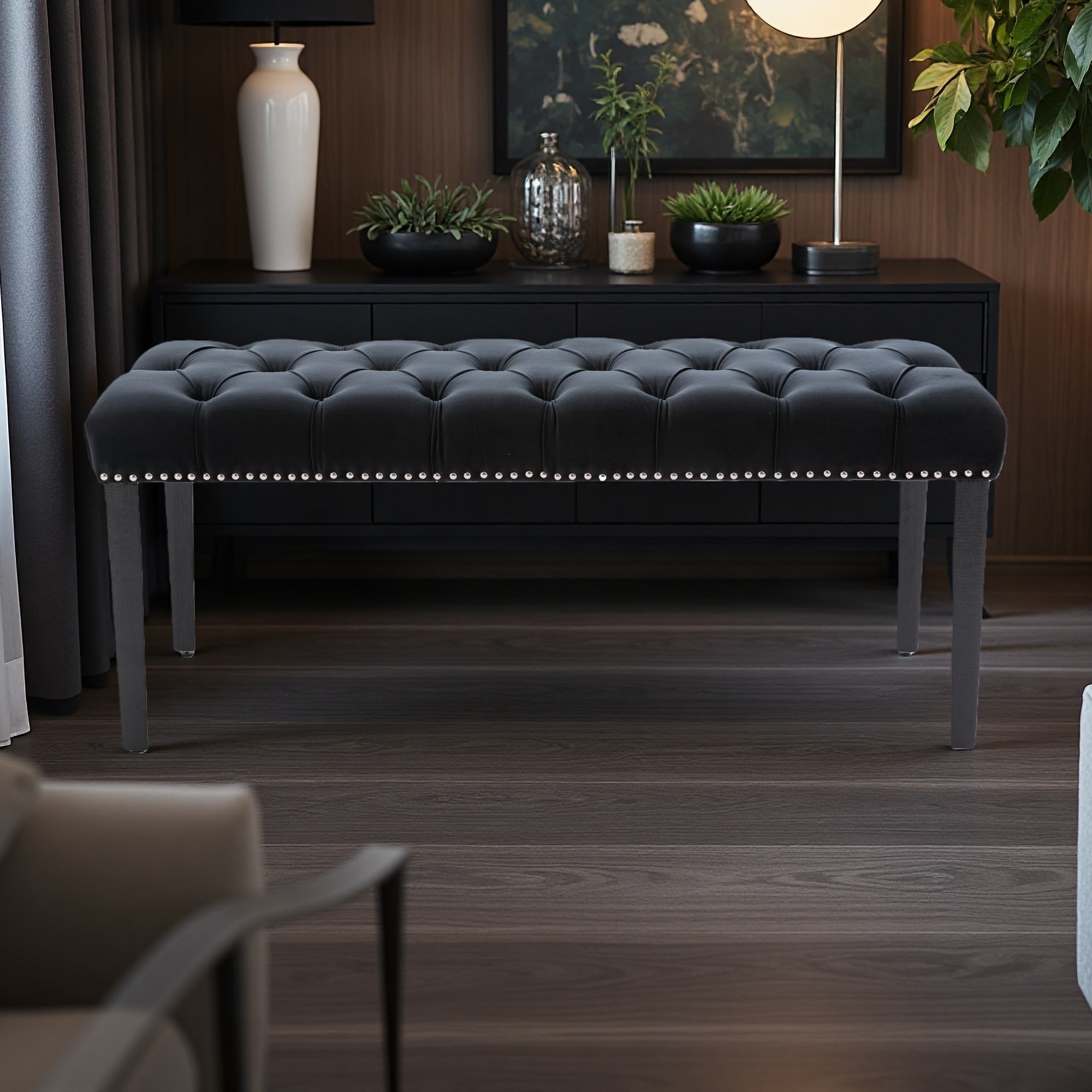 45.28"L Velvet Upholstered Tufted Bench Ottoman, Rubber Wood Legs