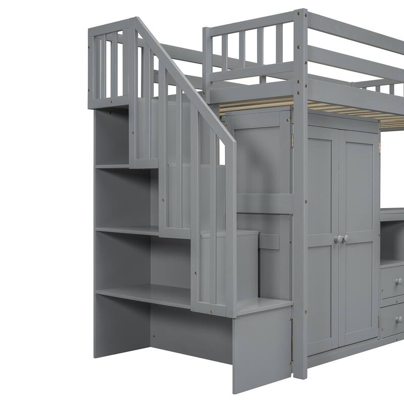 Multifunctional Twin Loft Bed with Stairs, Desk, Wardrobe & Storage for Kids & Teens - Space-Saving Furniture