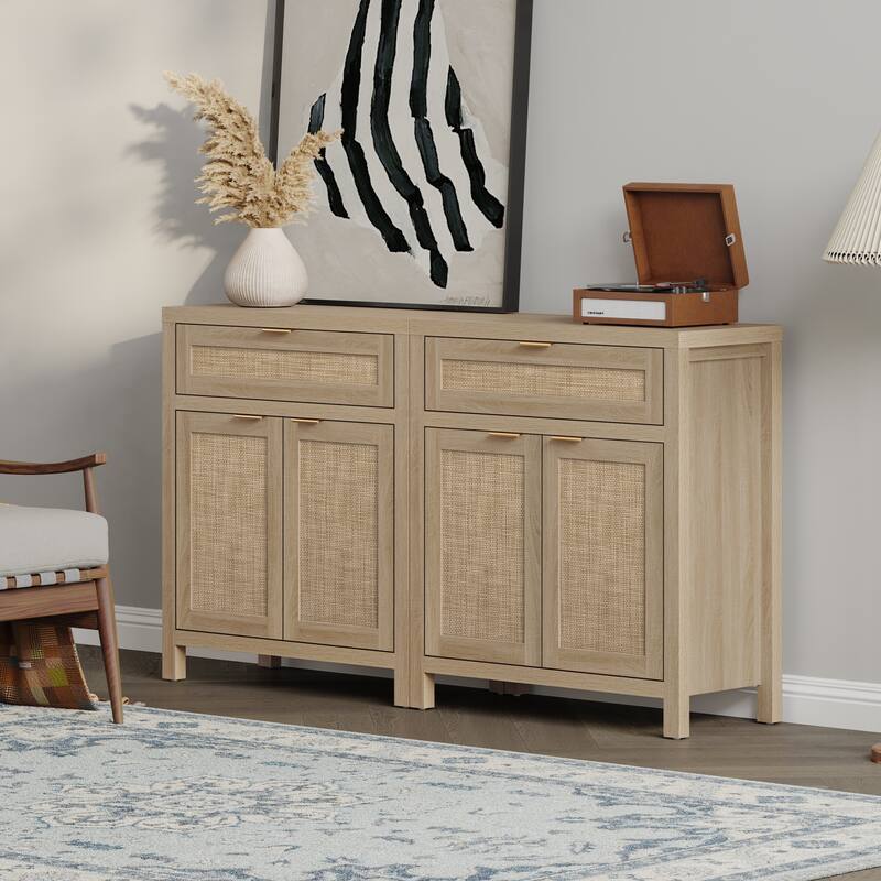 SICOTAS Farmhouse Sideboard Buffet Cabinet Set of 2 with Drawer - N/A - Beige