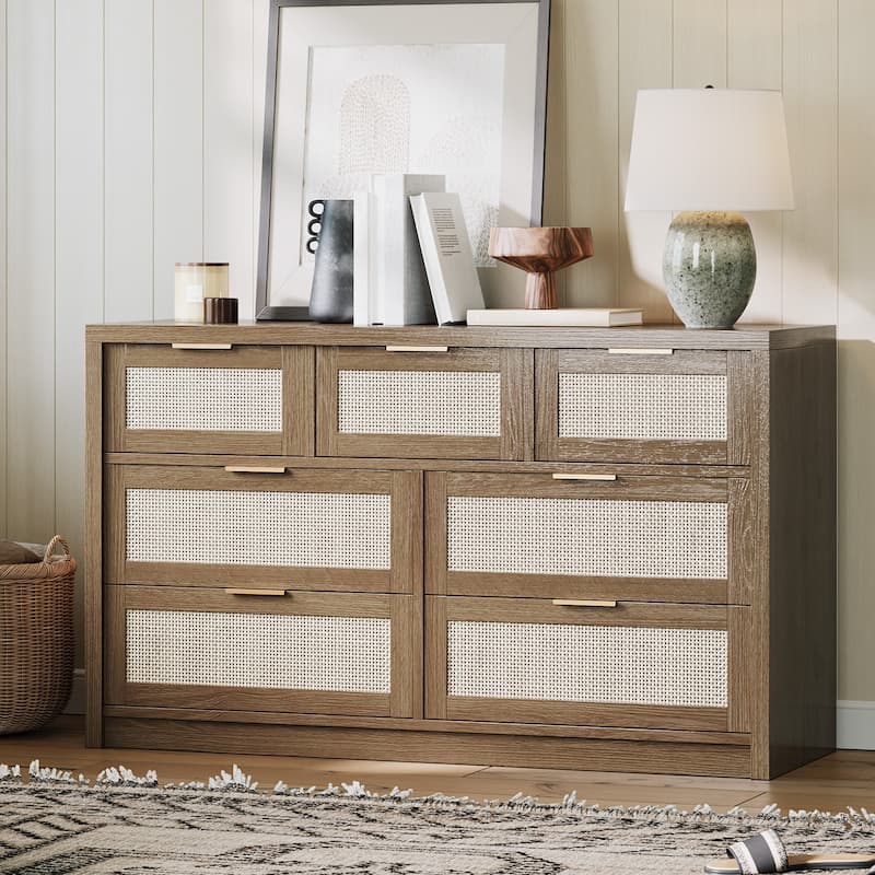 7 Drawers Dresser, 52" Wide Rattan Dresser Modern Chest of Drawers with Metal Handle, Wood Closet Storage Organizer