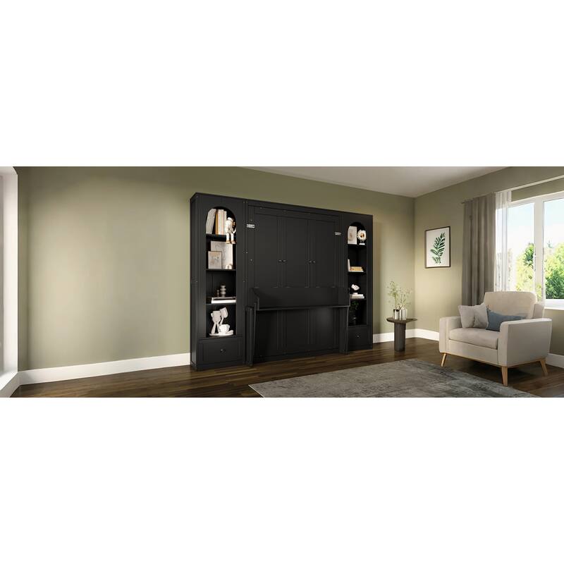 Roomfitters Queen Size Murphy Platform Bed with Side Cabinets and Drawers, LED Lights, Black