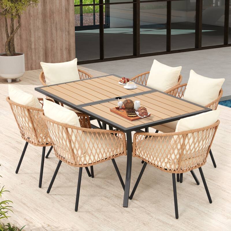 EROMMY 7 Piece Outdoor Dining Set with Umbrella Hole, Patio Table and 6 Rattan Chairs with Cushions, Weather-Resistant Furniture