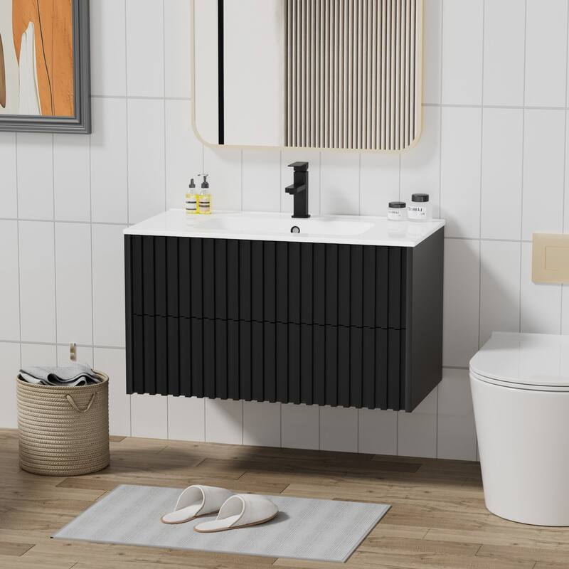 Wall Mounted Bathroom Vanity Set Mid-Century Storage Cabinet with Ceramic Sink