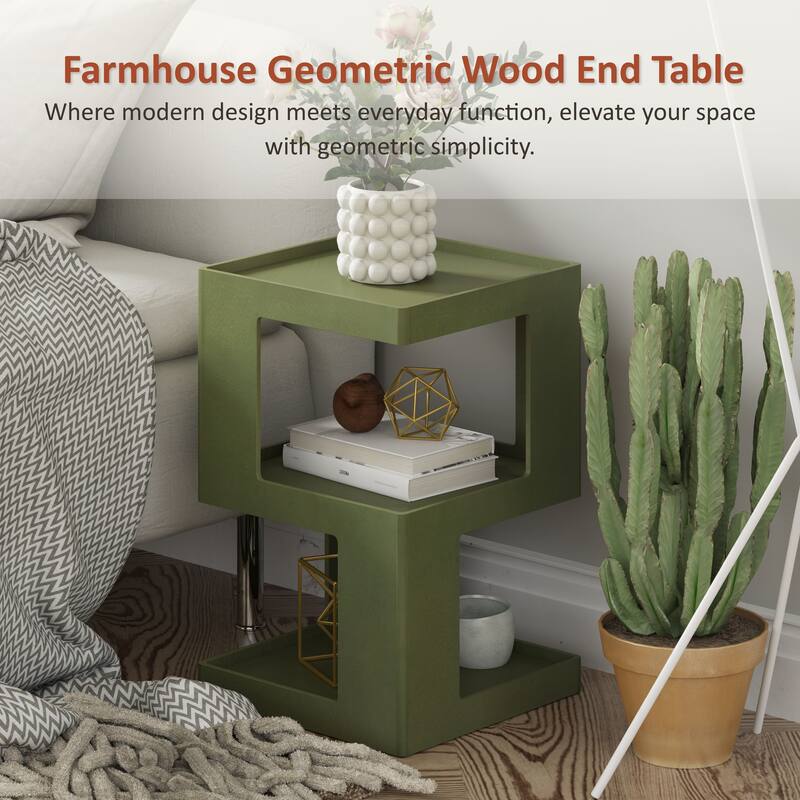 COZAYH Farmhouse Geometric Wood End Table, Distressed Accent Side Table with Two Storage Space, 3-Layer Cube Design