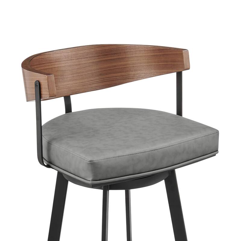Lasie Swivel Barstool Chair, Barrel Back, Walnut Brown, Gray Faux Leather