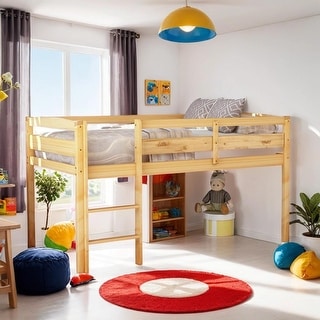 Twin Wood Low Loft Beds with Ladder, Walnut