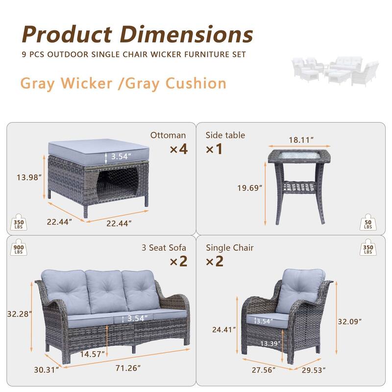 High Back Gray Wicker Outdoor Patio Furniture Sofa Seating Set with Cushions
