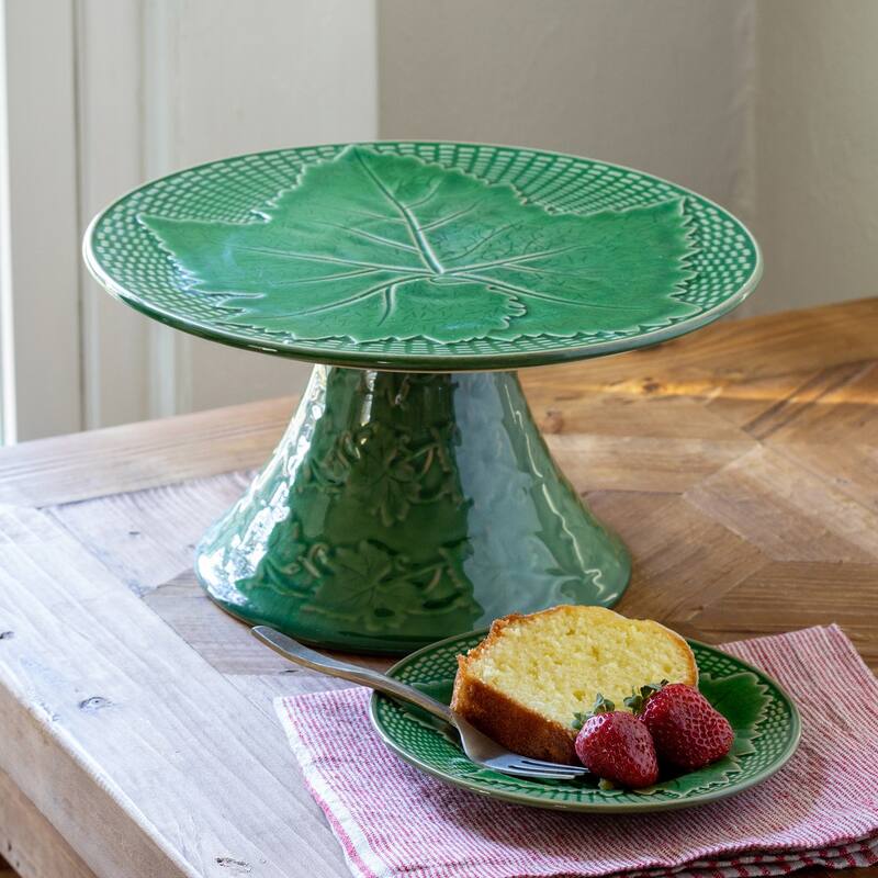 Green Ceramic Cake Stand with Ornate Grape Leaf Design and Woven Basket Pattern