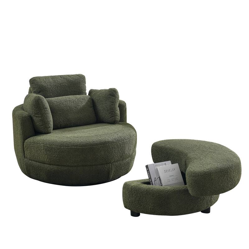 Oversized Teddy Fabric Swivel Barrel Chair with Moon Ottoman & 4 Pillows