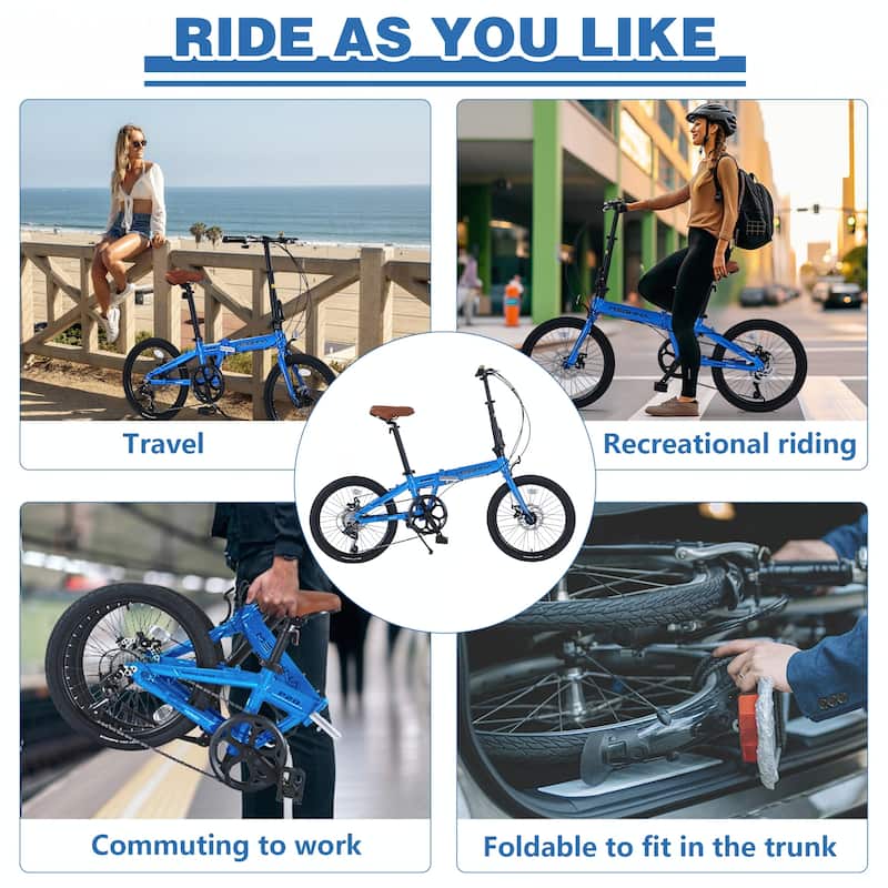 20" Lightweight Aluminum Frame,7-Speed Folding City Bike,Blue