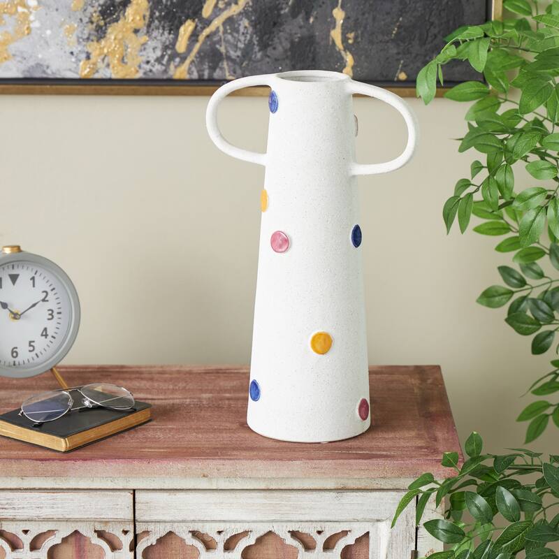 Ceramic Slim Cone Vase with Multicolor Spots and Handles - White - Roche River Decor