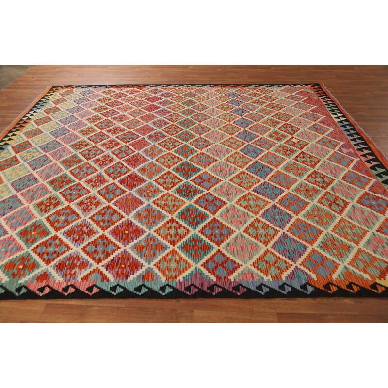 All-Over Trellis Kilim Area Rug Flatweave Wool Carpet - 8'3" x 9'10"