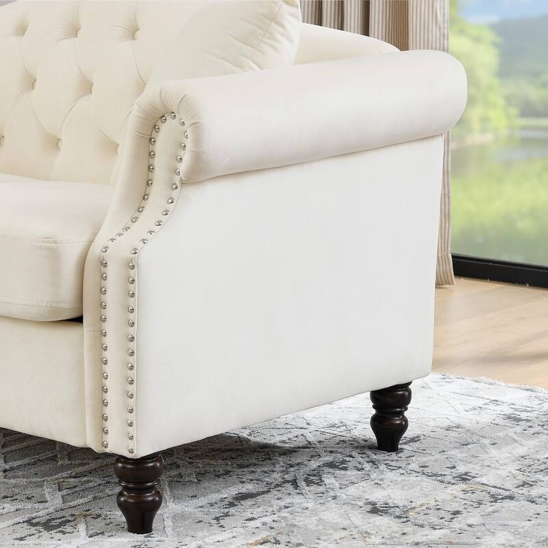 Chesterfield Sofa Velvet for Living Room, 2 Seater Sofa Tufted Couch with Rolled Arms and Nailhead, two pillows 